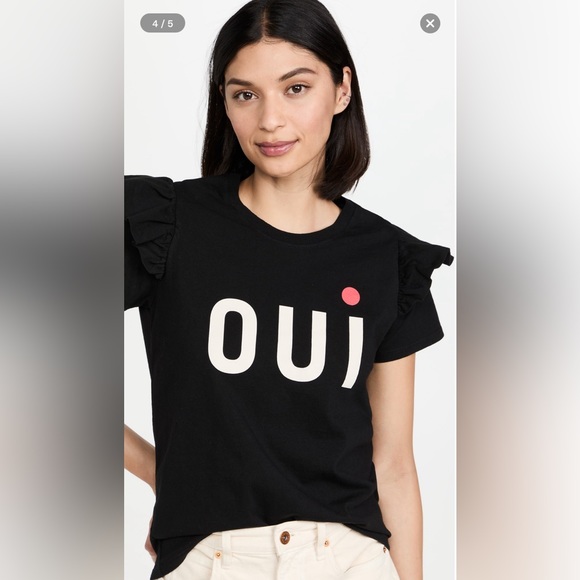 Clare V cotton black iconic OUI top with black ruffle sleeves. - Picture 3 of 6